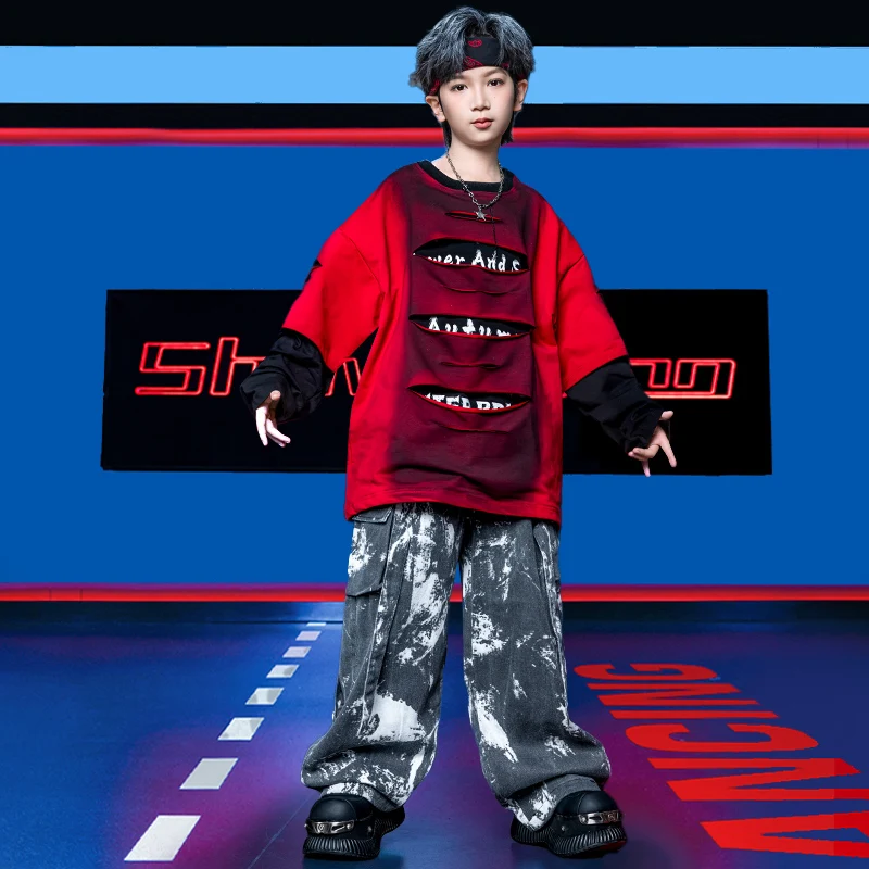 أزياء مسرح رقص الجاز الحديثة للأطفال لعام 2025 للفتيات قمصان حمراء وسراويل فضفاضة تناسب الأولاد ملابس الهيب هوب DQS21493 #3