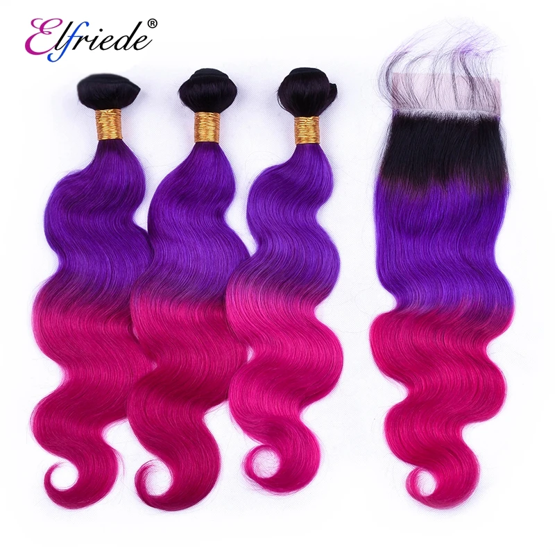 Elfriede #1B/Purple/Rose Red Body Wave Human Hair Bundles with Closure Remy Hair Weaves Colored 3 Bundles with Lace Closure 4x4