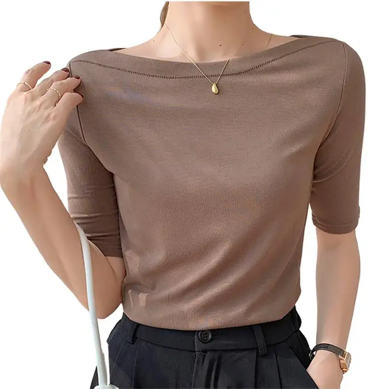 

Summer 2024 Knitted Cotton Girlish Slash Neck Crop Tops Half Sleeve Pullover Solid Breathable Soft Bottoming Shirts Blouses