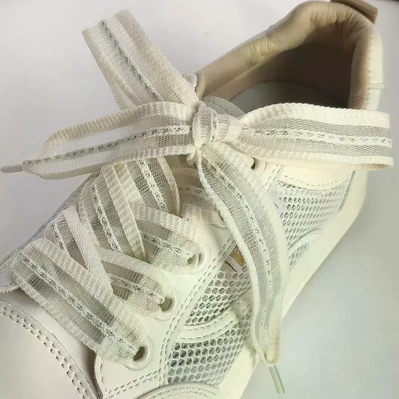 1pair 2cm Bow Wide Flat Shoelaces Fish Silk Transparent Striped Shoelaces Sneaker Black Sport Training Shoes Casual Shoes Laces