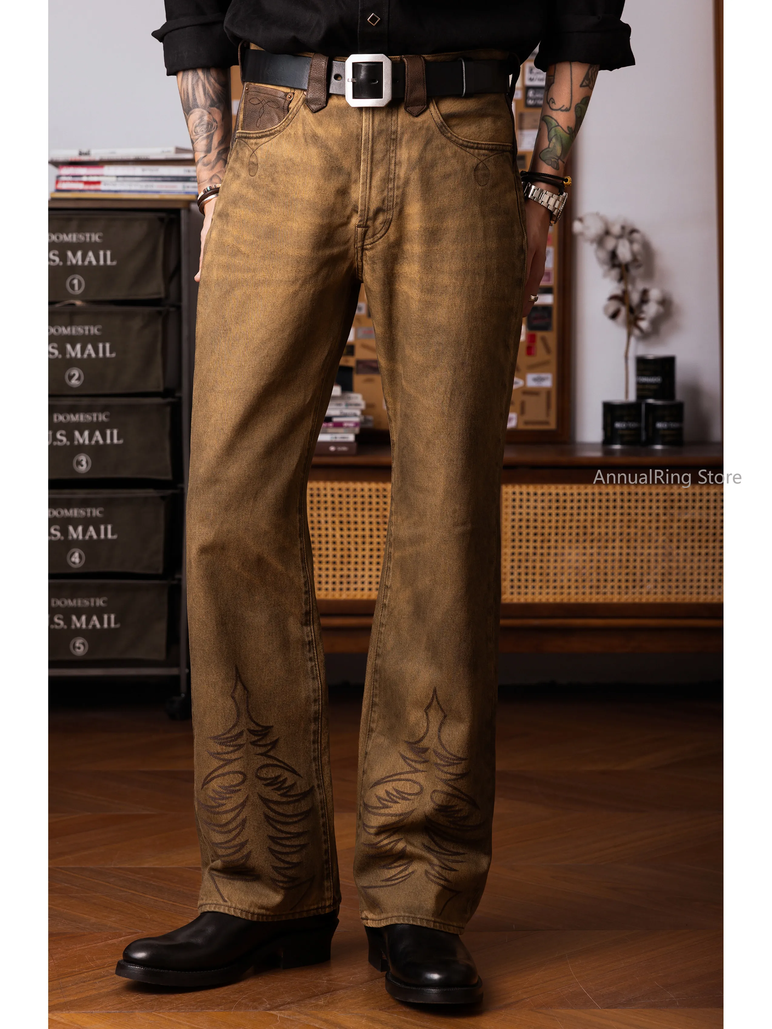 

Red Wind Pioneer Yellow Mud Dyed Heavy Wash Jeans, Embroidered Bootcut Pants, American Vintage Distressed Denim Long Trousers