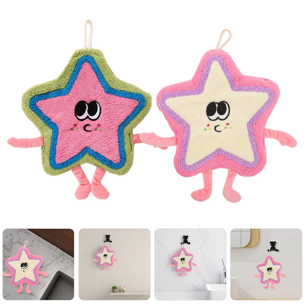 

2Pcs Cute Star Design Hand Towels Absorbent Dry Bathroom Kitchen Towels with Hanging Loop for Home Use