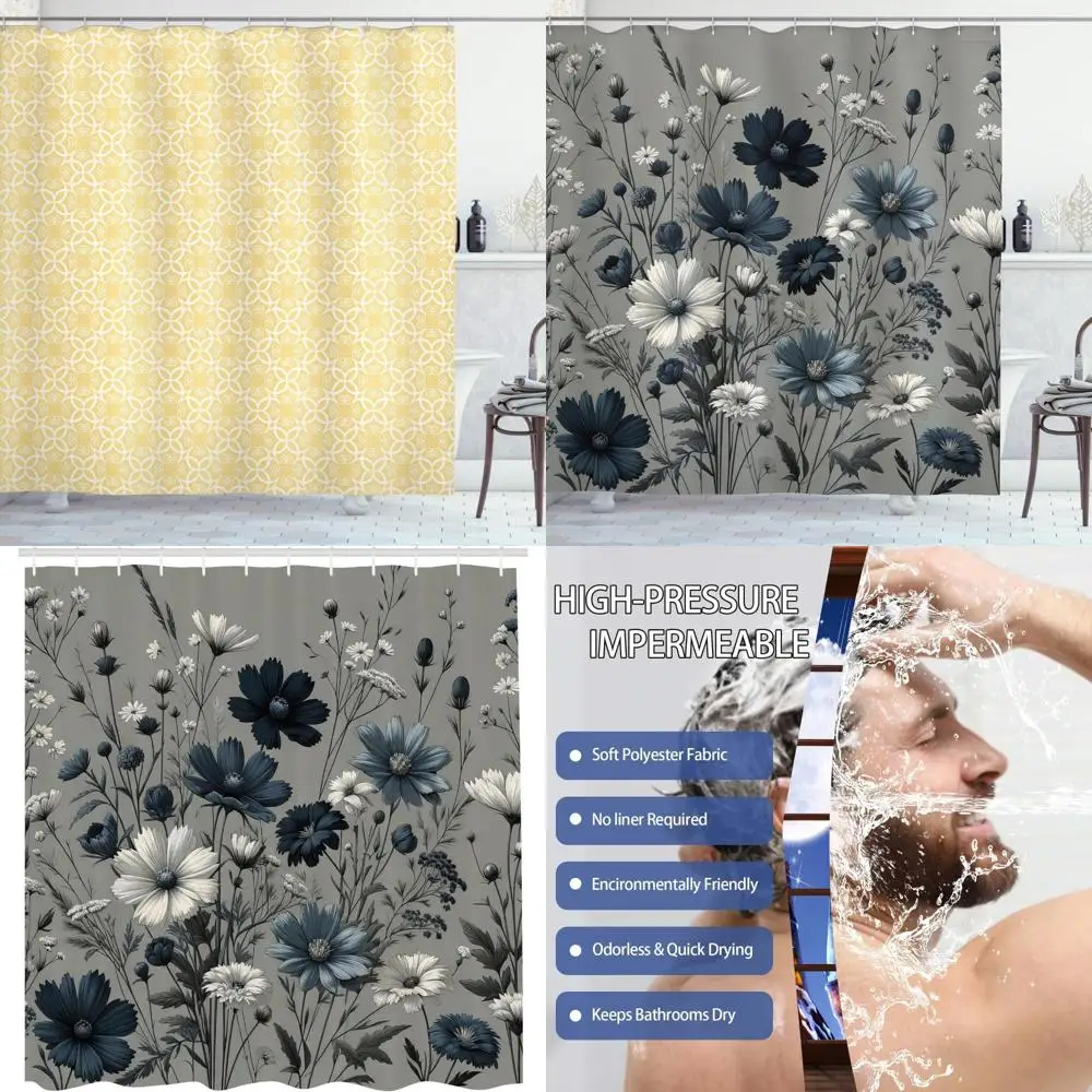 

elegant floral shower curtain in yellow and white, swirl curls and symmetric motifs, cloth bath decor