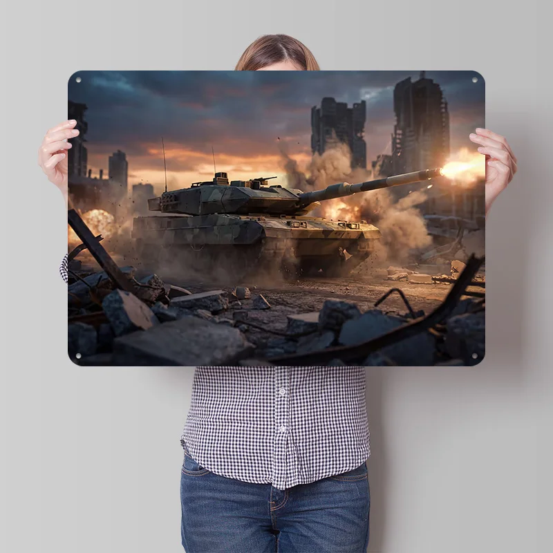 Tank Firing in Destroyed City Metal Poster Perfect Gift for Fans Lovers Customized Wall Art Metal Sign for Room Decor Wand Deko