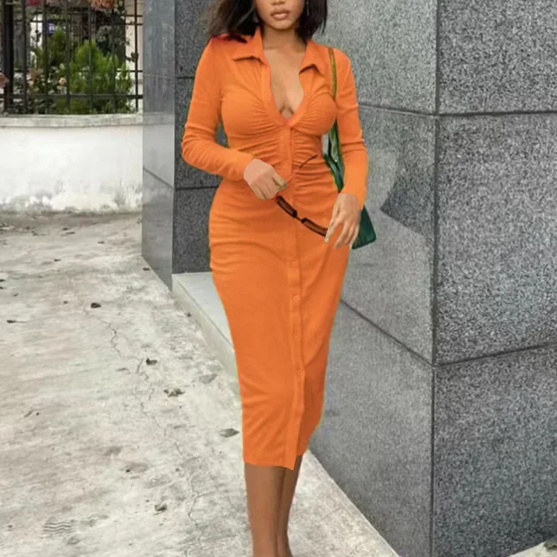 Knitted Long Sleeve Bodycon Dress Pleated One-Step Dress Women Solid Color Elegant Cardigan Sheath Sexy Midi Dress