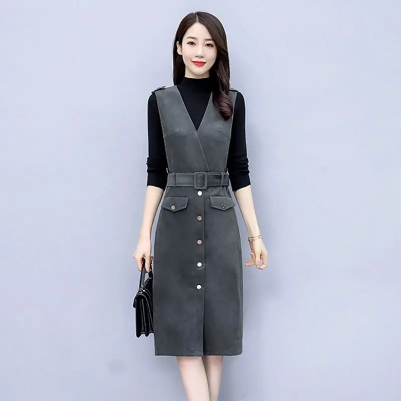 Autumn Winter Lucky Red Corduroy Vest Dress Black Knit Tops Two Piece Set Women 2023 New Slim Dresses with Belt Sweater Outfits