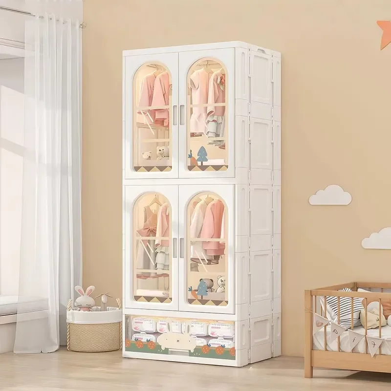 Folding Locker Double Door PP Plastic 3 Layer Wardrobe Portable Storage Cabinet with Drawers Bedroom Clothes Organizer