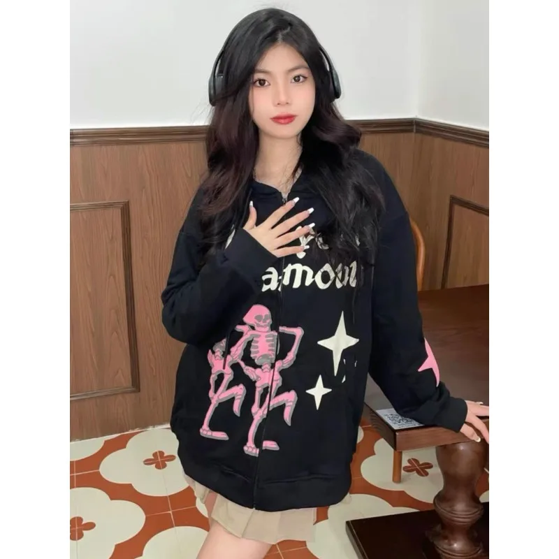 American Subculture Vintage Printed Outerwear Autumn New Loose Y2k Punk Style Hoodie Oversized Fashion Casual Women's Wear