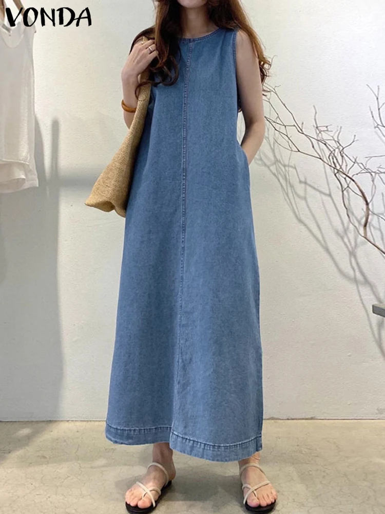 Vonda verão feminino casual maxi denim vestido 2025 sólido vestido de verão plissado solto sem mangas a linha robe oversized