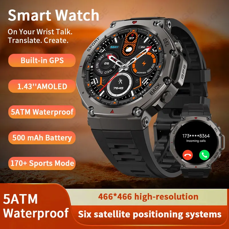 LIGE 5ATM impermeable 500mAh batería de doble banda GPS reloj inteligente 2025 nuevo altímetro brújula BT llamada deportes al aire libre Smartwatch hombres
