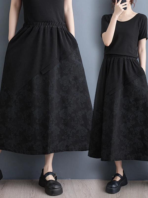 High Waist Black Half Skirt New National Style Embroidery A-Line Skirt Mid-Length Bloom Skirt Women's Commute City Scenarios