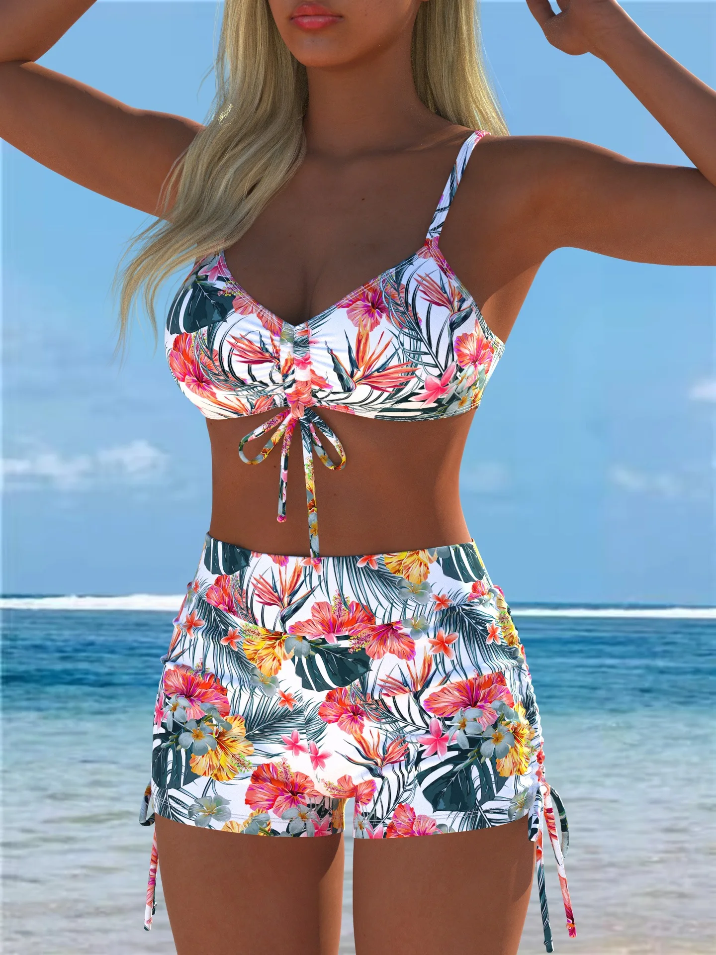 2026 Floral Printed Halter Tank Top Two Piece Bikini Set Women Push Up Tummy Control Swimsuit Swimwear Beach Vacation Summer