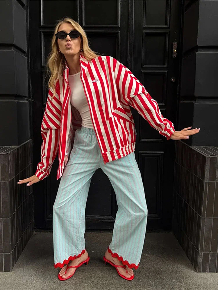 Casual Women Striped Pant Pockets Contrast High Waist Wide Leg Female Trouser 2026 Streetwear Autumn Fashion Lady Commute