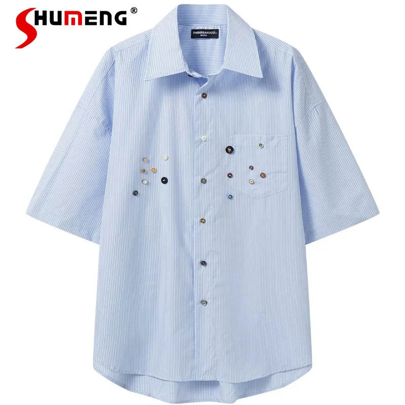 

Men's 2026 Summer New Striped Loose Shirts Fashion Color Button Decoration Short Sleeve Shirts Male Chic Pocket Decoration Tops