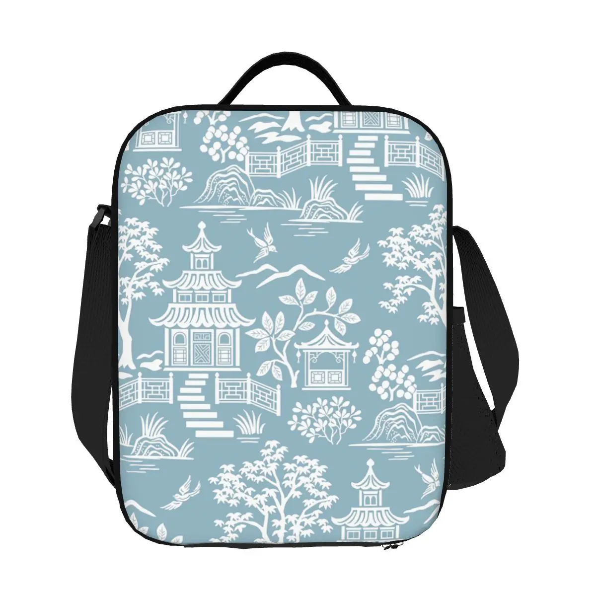 

Custom Chinoiserie Pagoda Light Blue Insulated Lunch Tote Bag Women Chinoiserie Pattern Resuable Cooler Thermal Food Bento Box