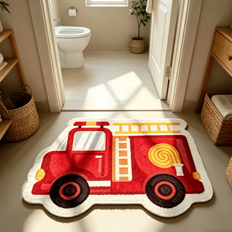VIKAMA Cartoon Fire Truck Shaped Plush Absorbent Floor Mat, Bedroom Bedside Floor Mat, Entrance Japanese Style Floor Mat