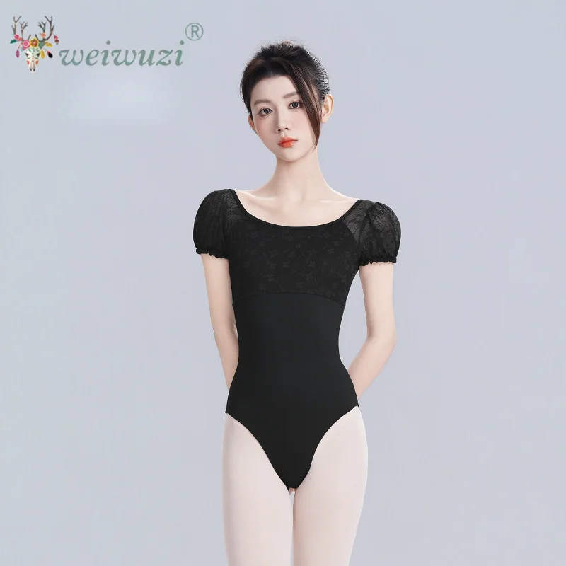 Adult Ballet Leotard for Women Lace Short Sleeve Dance Bodysuit Removable Cup Pads Professional Ballet Training Gymnastics Suit