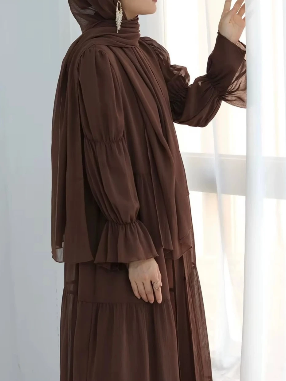 Women Abaya Dress 2 Piece Set Muslim Abayas Chiffon Jalabiya Hijab Lace Up Ramadan Morocco Dubai Kaftan Vestidos Long Robe Suit