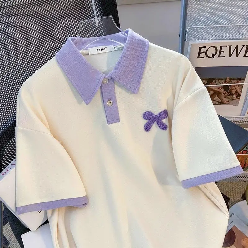 Summer Lilac Tee Flocking Polo Shirts Female Women Cotton Tshirt Short Sleeve Kawaii Cute T-shirt Loose Oversized T shirt Teens