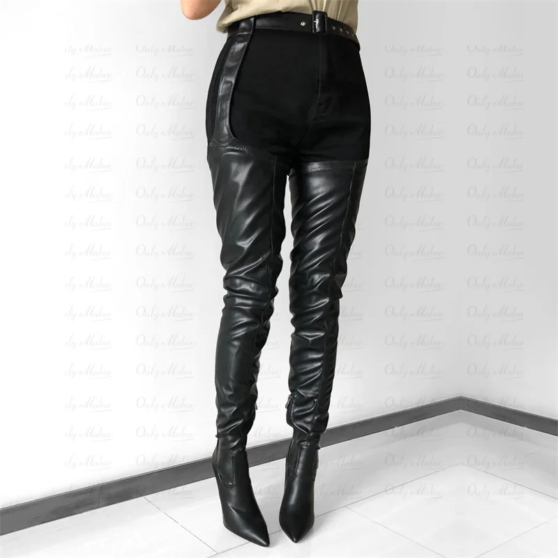 Onlymaker Women Pointed Toe Waist High Boots 12CM Over The Knee Boots Elastic Slim Sexy Stiletto Thigh High Belt Boots