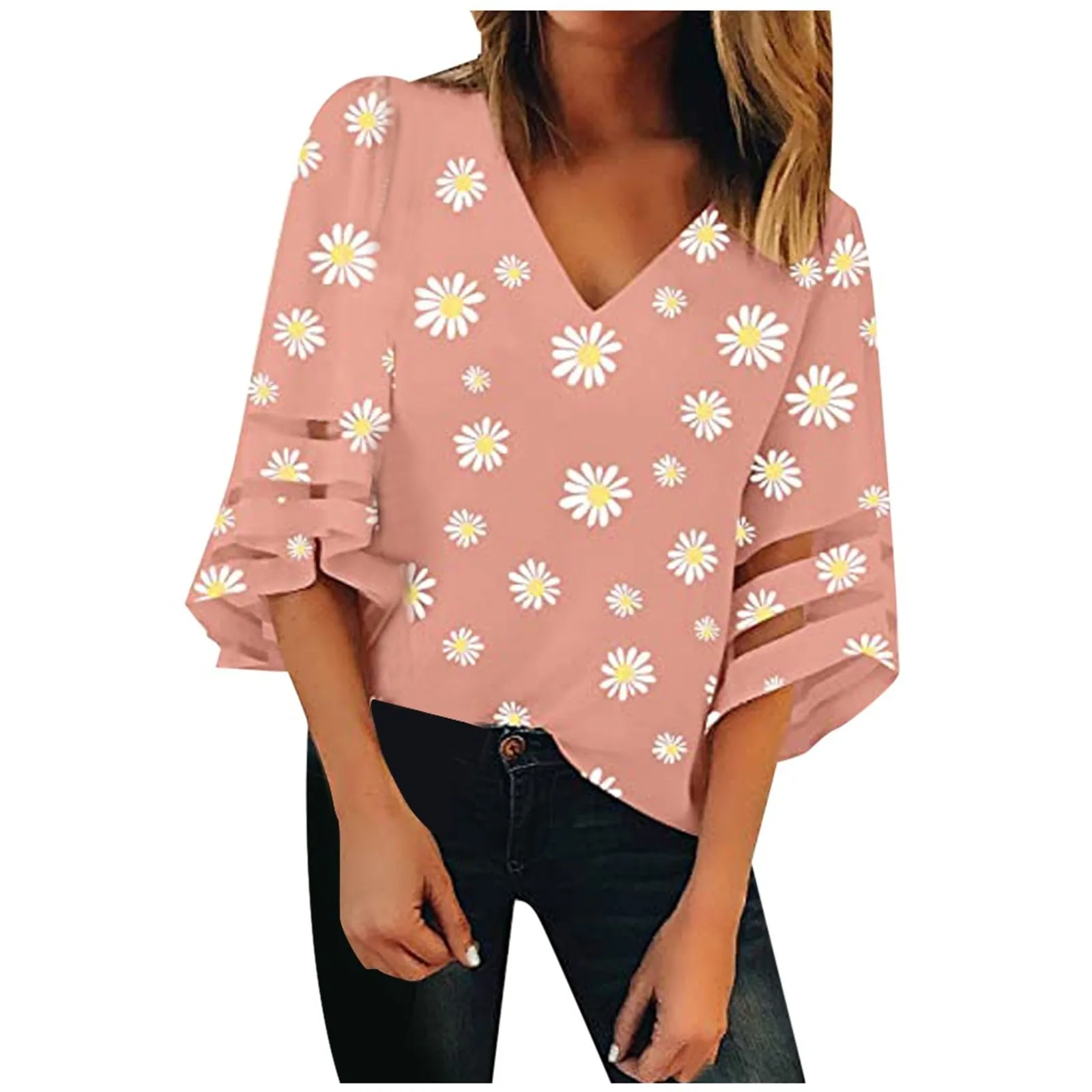 Floral Blouse Women Casual V Neck Top Ladies Cutout Sleeve Shirt Fashion Print Clothing Loose Fit Tunic Loose-Fitting T-Shirt T1