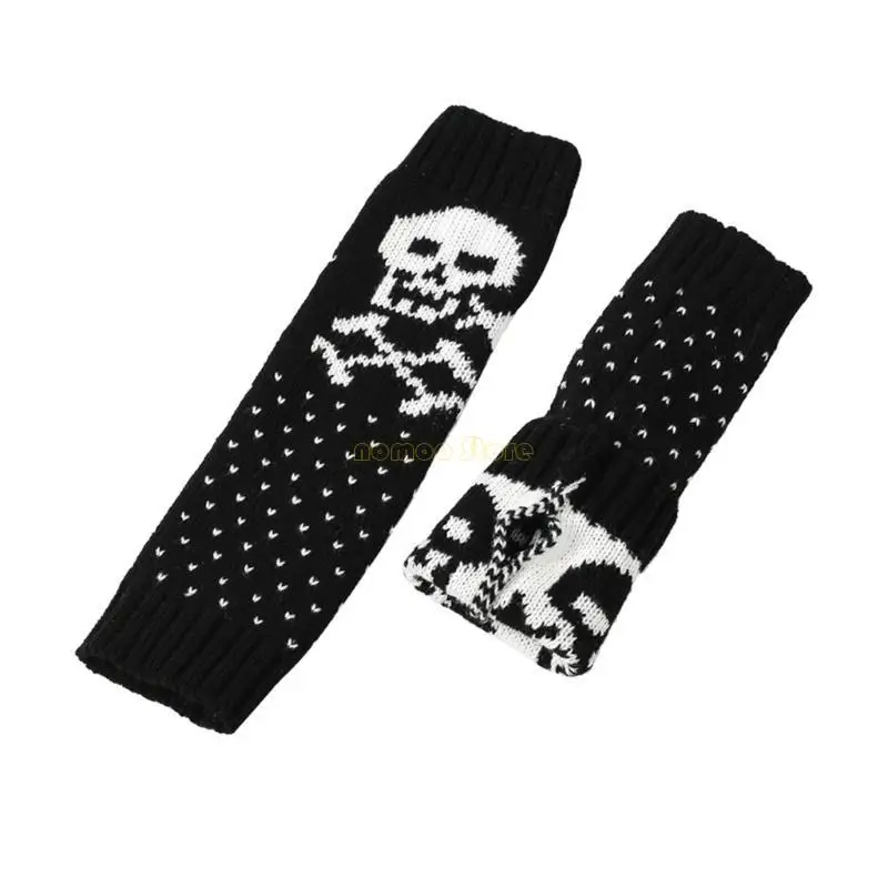 31BF Knit Skull Pattern Gloves Winter Half Finger Mitten Thicken ให้ถุงมือข้อมือยาวยาวสำหรับแฟนสาว