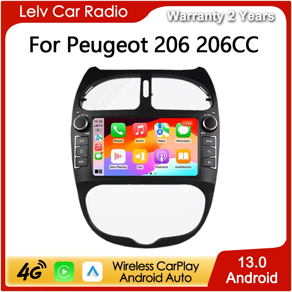 LELV Carplay 7'' 2din Android 13 Car Radio For Peugeot 206 206CC 206SW 2000~2008 Multimedia Video Player GPS Navigation WIFI BT