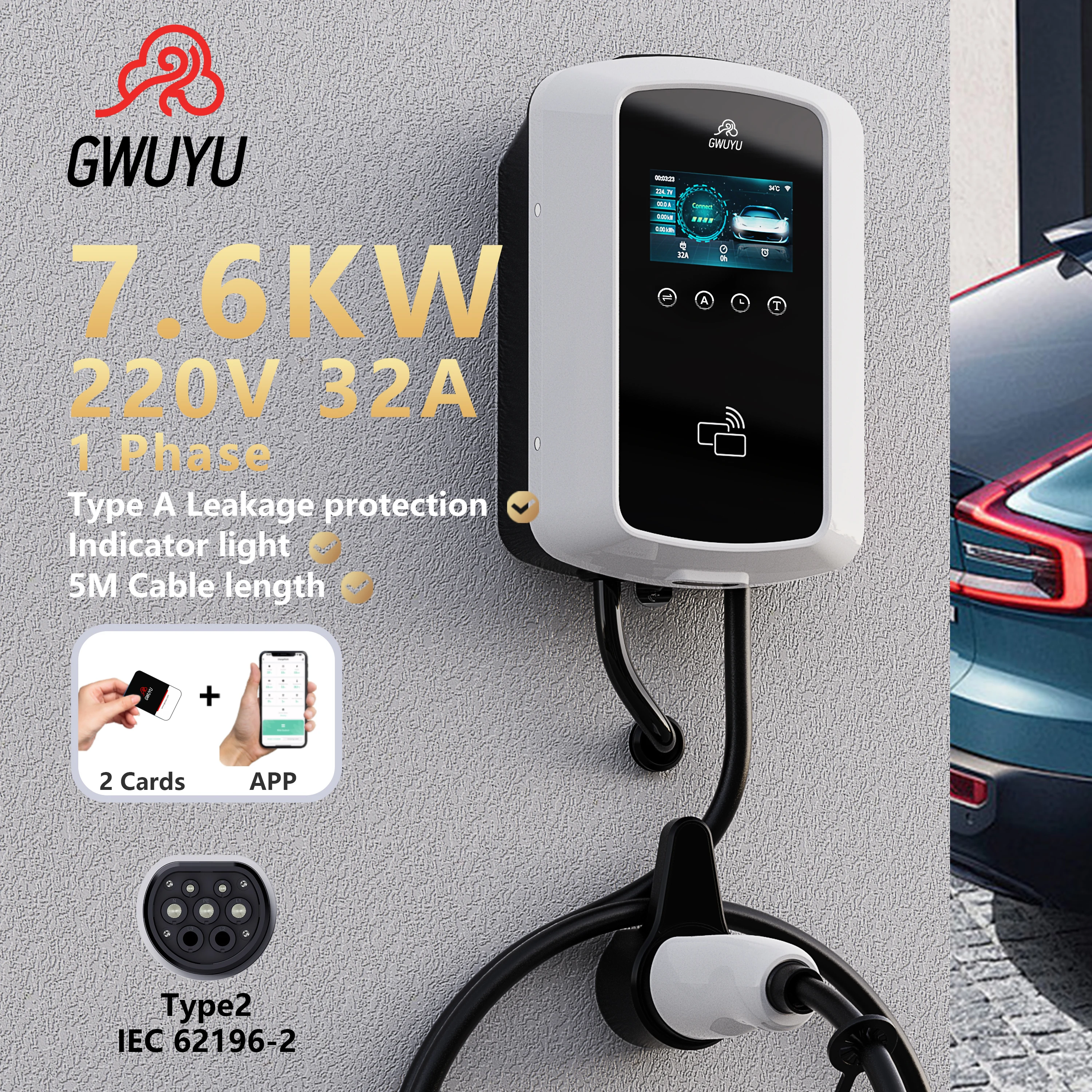 GWUYU JZ22 Smart Electric Vehicle EV Charging Station 22KW 32A 3 Phase Type 2 Car Charger Fast Charging 5m Wallbox RFID APP Wifi