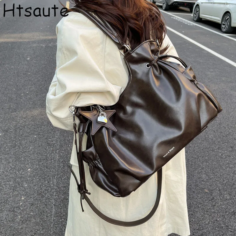 Solid Color Retro Handbag for Women Brand Design Tote Simple Large Capacity Shoulder Bags for Middle and High School Students