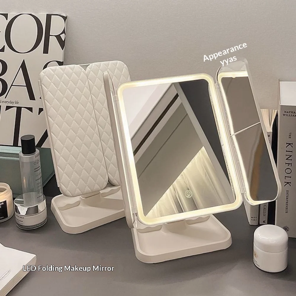 3 Color LED Makeup Mirror Foldable Tabletop Vanity Mirror 2X/3X Magnifying Smart Touch Screen Dimmable Rechargeable for Girls