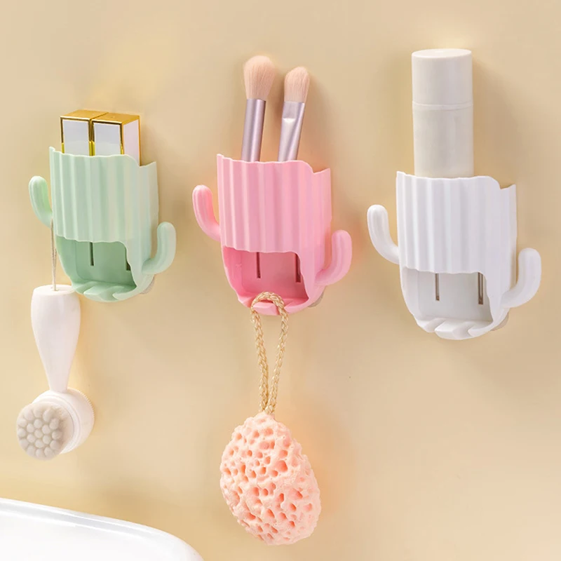 Wall Self-adhesive Storage Rack Toothpaste Holder Cactus Hook Drain Bathroom Shelf Wall-mounted Toothbrush Organizer