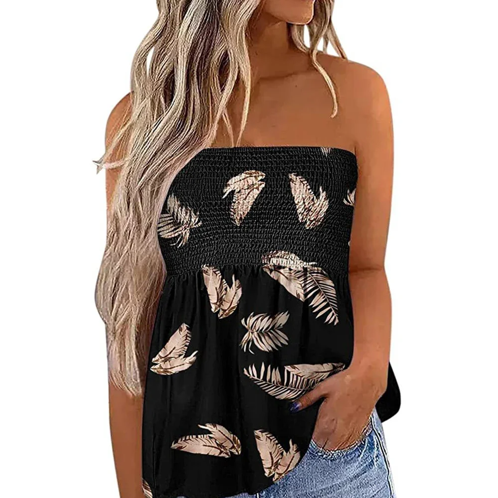 Sexy Women Pleated Strapless Feather Floral Print Slim T-shirt Vests MSJFZ-0701001