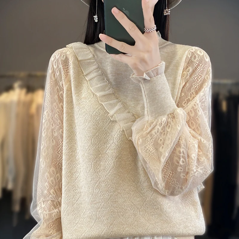 Women's 100% Pure Woolen Sweater, Round Neck, Handmade Flower, Hollow Out Sweater, Lazy Style Top, Loose Wool Knit Underlay, New