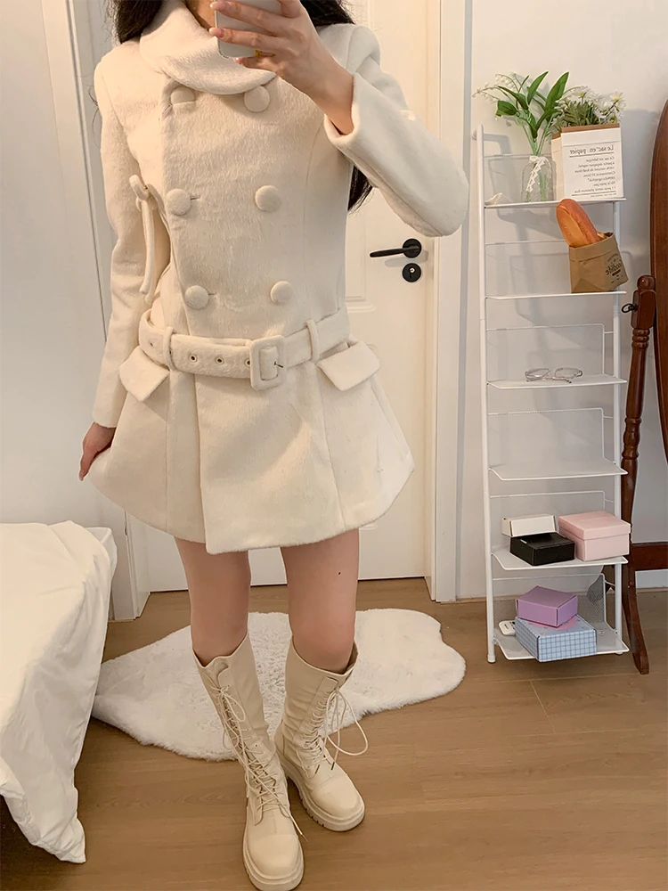 

Korean Sle Double Breasted Woolen Coat Women's Faion Slim Fit ort Coat Warmth Casual Online Exclusive Polyester Fiber