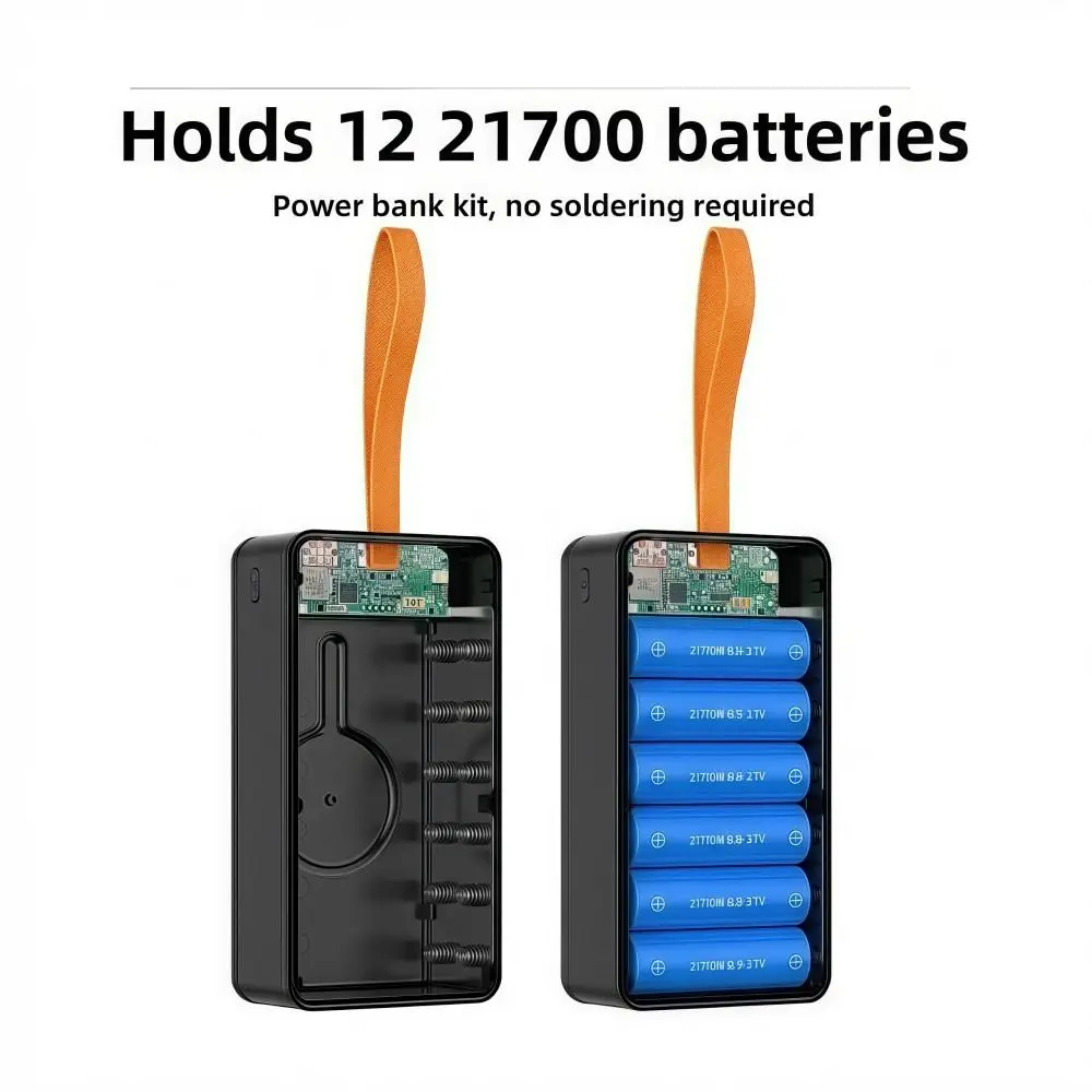 PD 22.5W/Cordless 15W 12*21700 Power Bank Case Fast Charging Type-C Charge Battery Box Holder Dual USB with Camping Lights