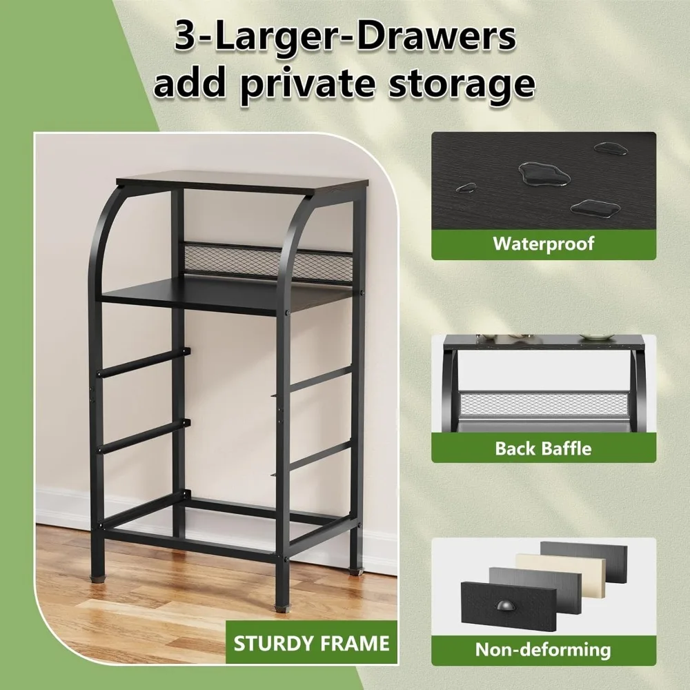 منضدة معاصرة سوداء ذات 3 أدراج مع أرفف مفتوحة للتخزين بجانب السرير #6