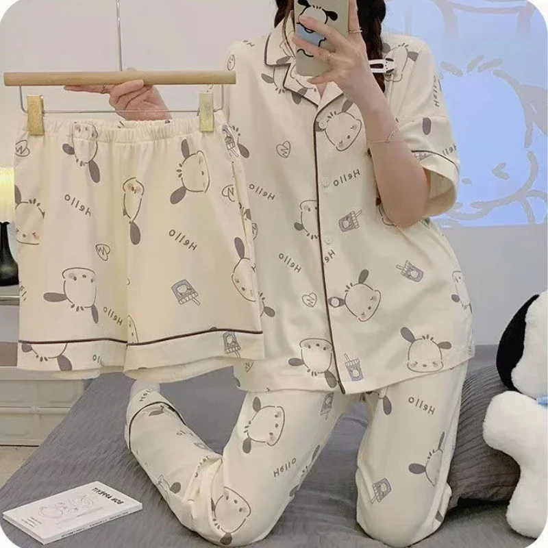 2024 Sanrio Pajamas Kuromi Pachacco Cinnamoroll Three-piece Set Short-sleeved Trousers Shorts Suit Spring And Autumn Home Clothe