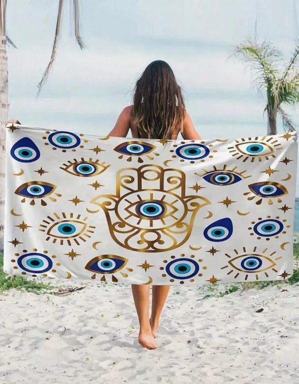 1 toalla de playa con estampado de ojos, microfibra supersuave, diseño de dibujos animados, estilo moderno, rectangular, de secado rápido, ideal para nadar y viajar._voghion.com