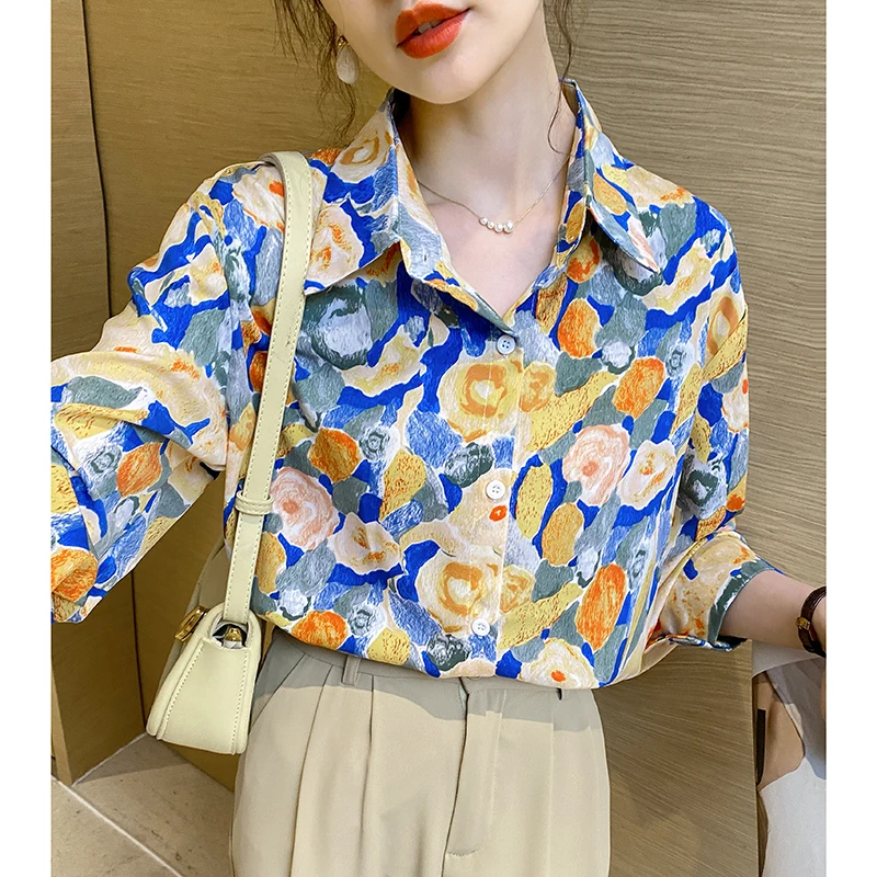 Women Spring Fashion Loose Printing Chiffon All-match Polo-Neck Long Sleeve Shirts Women Clothes Casual Office Lady Trend Tops