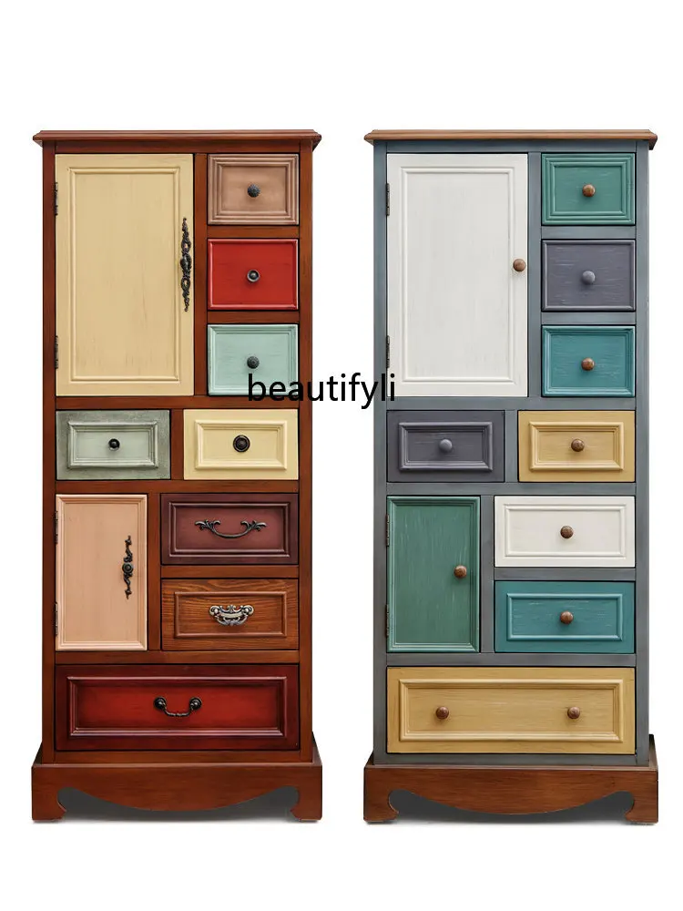 

Vintage Drawer Storage Cabinet American Clothes Closet Solid Wood Color Storage High Cabinet Side Cabinet Living Room