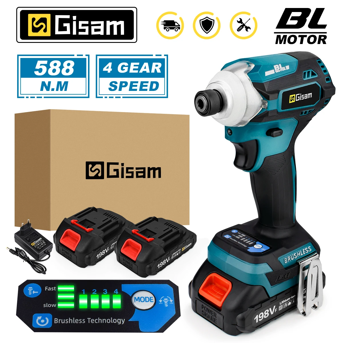 588N.m Cordless Brushless Electric Drill Screwdriver Impact Driver 4-Speed Screwdriver 1/4\'\' 3 LED Light for Makita 18V Battery