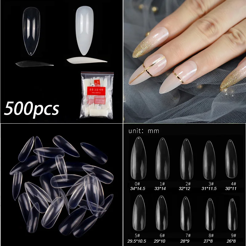 

500 Pieces 10 Sizes L Almond False Nail Tips Full Cover Nail Art Design DIY Fake Nails Press-on Acrylic Nails