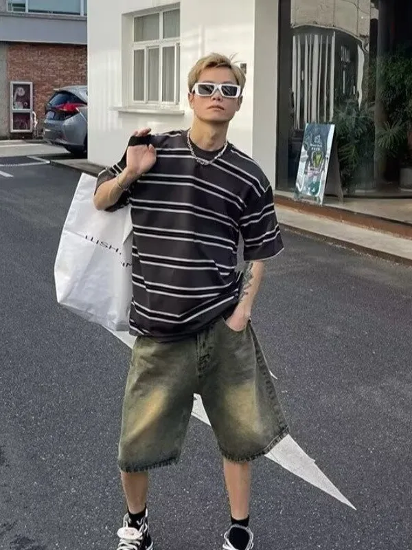 Retro American Waed Denim orts Heren Zomer Dunne losse rechte pijpen Casual vijfkwart trendy jeans midden taille Hoge taille