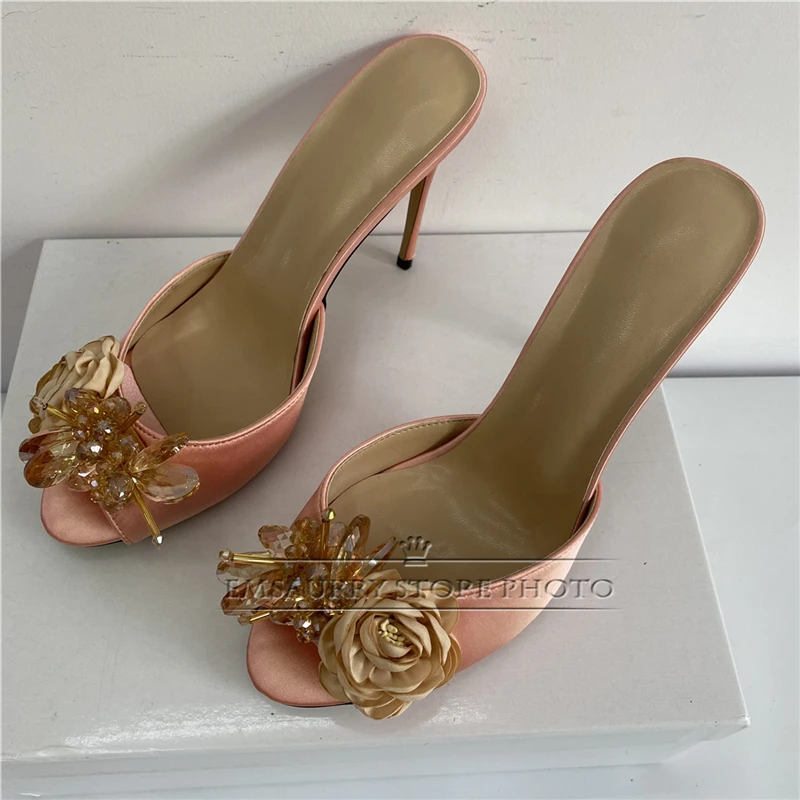 Beaded Crystal Rose Flower Sandals Women 10cm Stiletto Heel Luxury Satin Peep Toe Slingbacks Mules For Girls Summer