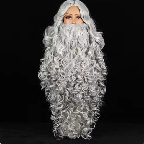 75cn/30Inch Christmas Santa Claus Beard Long White & Gray Curly Synthetic Hair Wig Cosplay Men Wizard Hairpiece Accessories