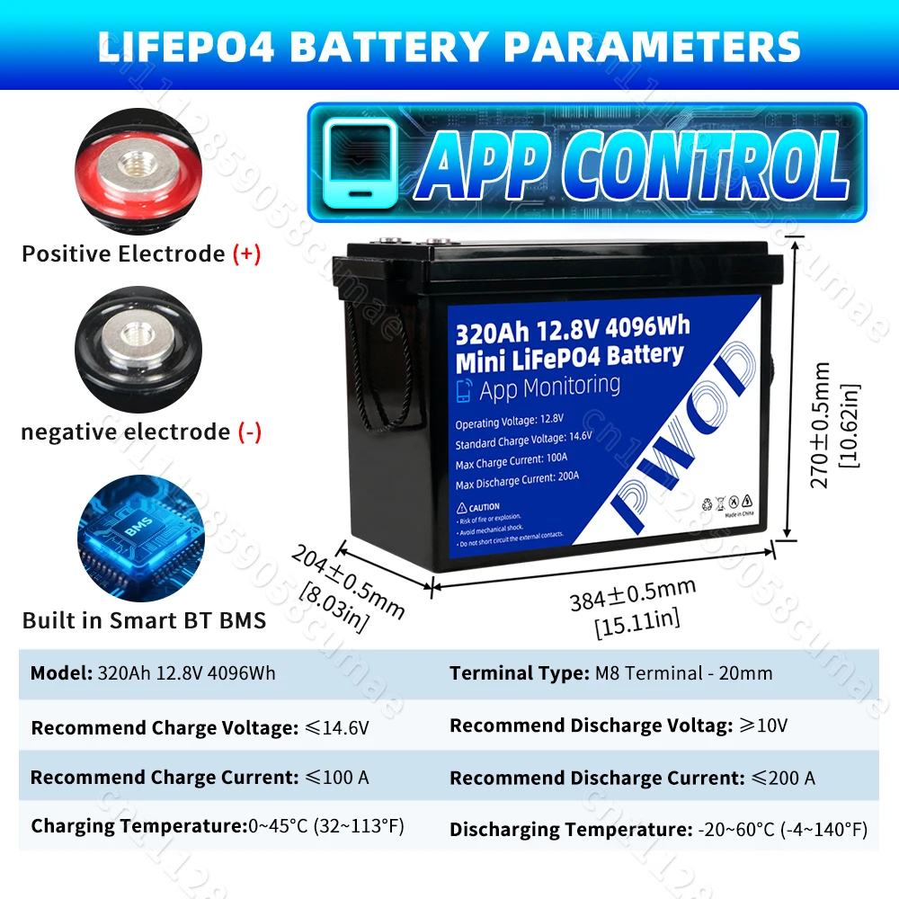Grade A 12V 320AH Lifepo4 Battery 4096Wh Built-in 4S 200A BMS IP65 Protection ithium iron phosphate Cell Pack safety and environmental protection Rechargeable LFP batteries DIY 12V 48V For Outdoor Camping Home Energy Storage RV EV 8000+ Cycles