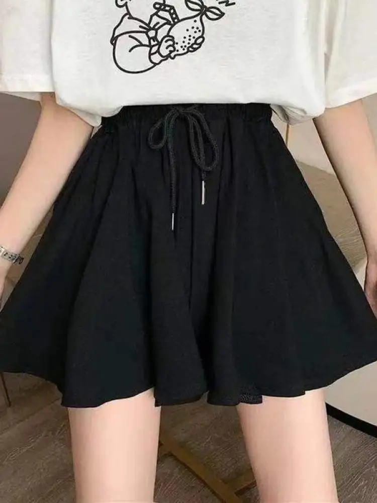 2024 Summer Shorts Skirts Women Elastic High Waist Casual Wide Leg Shorts Korean A Line Loose Mini Skirt Black Short Pants