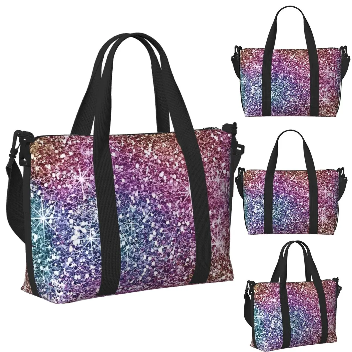 

Custom Rainbow Glitter Texture Beach Travel Bag Large Capacity Tote Bags for Gym Yoga Women Shopping Duffle Shoulder Bag