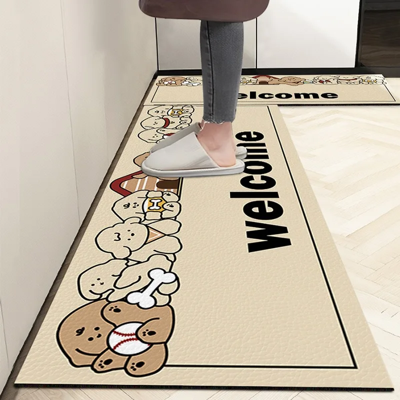 Kitchen Floor Mat Cute Style Cartoon Puppy Long Strip Decorative Carpet Non-slip Oil-proof Foot Mats Pvc Leather Waterproof Rug