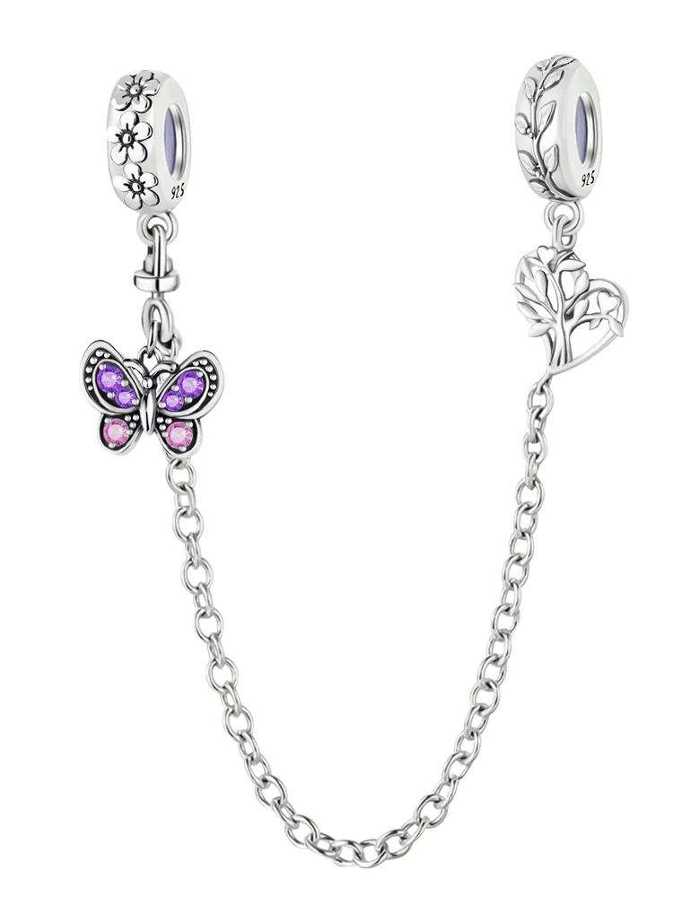 925 Sterling Silver Purple Series Love Heart Flower Safety Chain Charm Beads Fit Original Bracelets Bangles Jewelry Gift